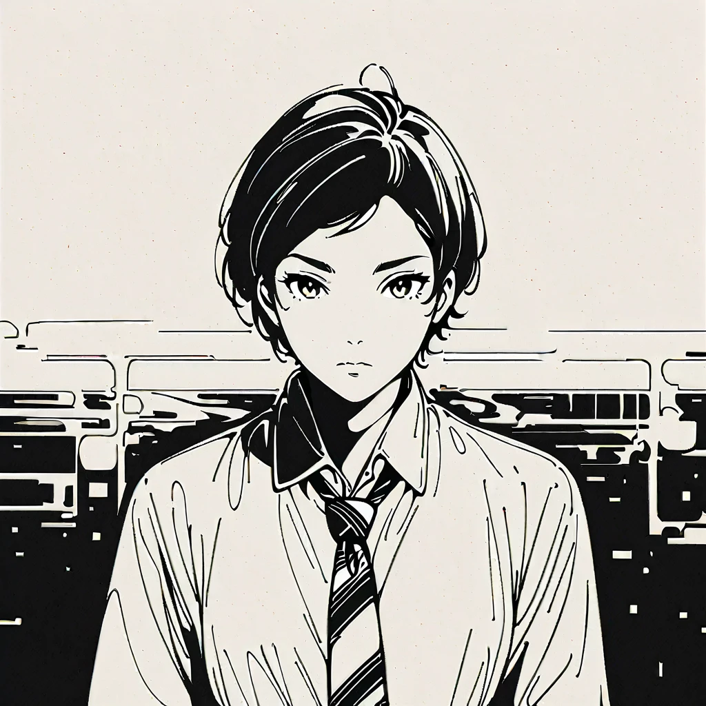  Black and White Art ,  line drawings of anime characters 　Anime illustration of a woman wearing a tie and shirt