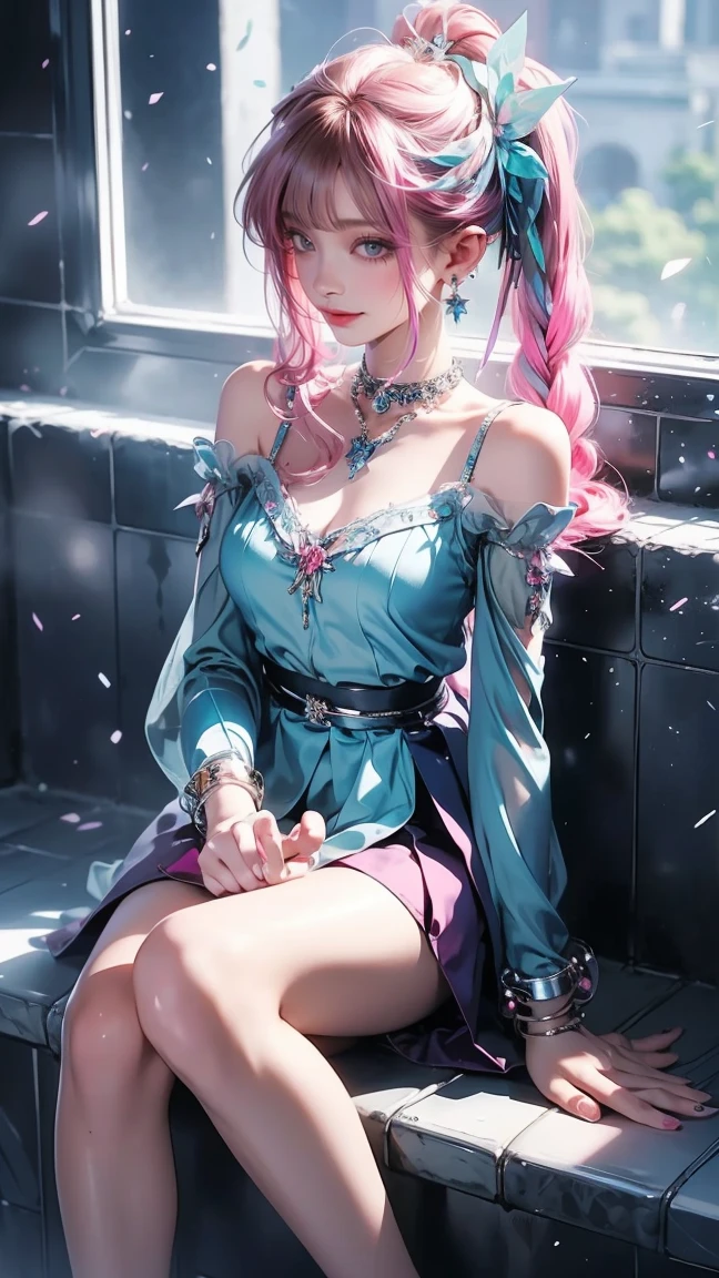 (masterpiece, sidelighting, finely detailed beautiful eyes: 1.2), masterpiece*portrait, realistic, 3d face, glowing eyes, shiny hair, lustrous skin, solo, embarassed, (midriff),half pink and half bule hair，blue eyes, braided hair, blunt bangs,focus breast, under view