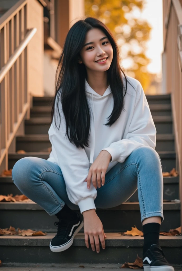 highest quality, Realistic, Very detailed, Finer details, High resolution, 8k wallpaper, One beautiful woman, Sit on the stairs, smile,（Black socks） Oversized hoodie, Skinny jeans,（ Black sneakers), Black Hair, Beautiful Bangs, Perfect dynamic composition, Beautiful and detailed, Full Body Shot, A big smile waiting to start. blur background, Bokeh.