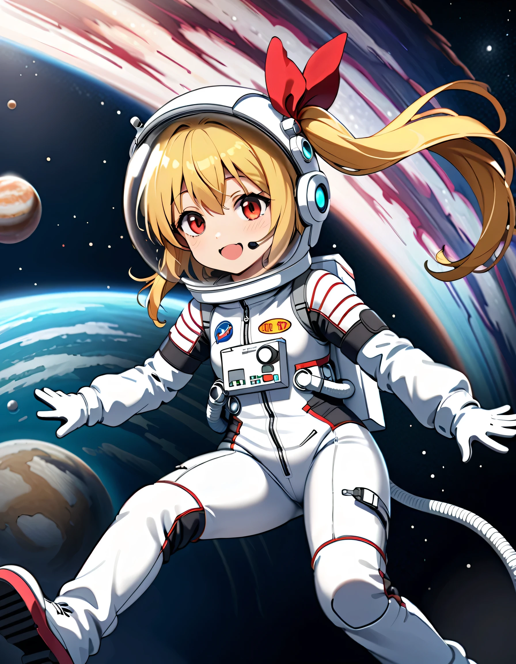 (Space suit:1.15), White sweatpants , astronaut)bubble helmet, space helmet, Gloves ,looking closely at you , Outer Space, floating, masterpiece, top quality, 1girl, beautiful,solo ,flanN, flandre scarlet, loli, petite, slim, child,young,younger female, (blonde hair:1.2), side ponytail, red eyes, hair bow, red bow, hair between eyes, slit pupils, white headwear,difficulty breathing, Smile, wave, fullbody