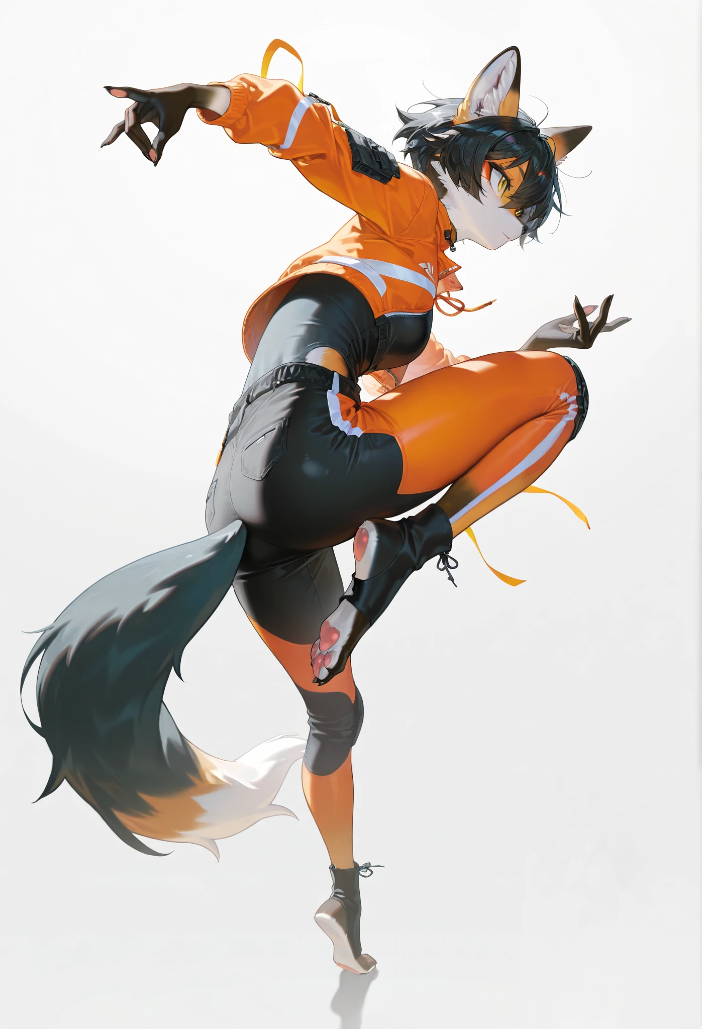 masterpiece), best quality, newest, highres, absurdres, ultra detail, extremely detailed, official art, rich colors, sharp contrast, detailed shading,1 fox tomgirl, tomboy,fox furry, furry,, perfect anatomy, good hands, solo,,black hair expressive pose, simple background, full body , closeup, dynamic view, dynamic action,from behind