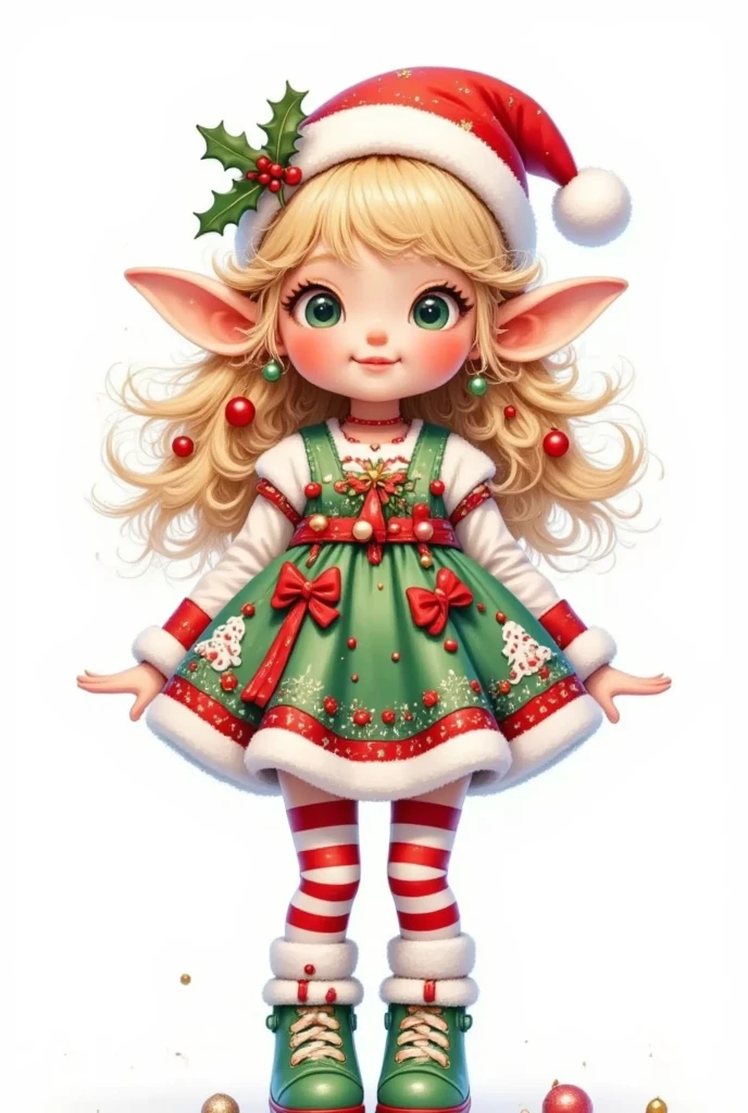  model figure。3D dolls。3D Rendering。A cartoon cute girl 。 big green eyes 。 has very long long blond hair。With a Christmas hat。Wear a dress with Christmas elements。green booties。whole body。Exaggerated body proportions。