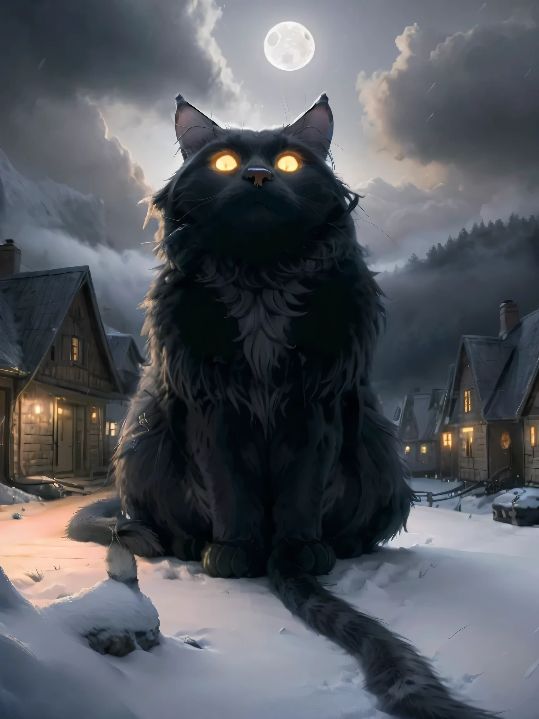 Yulcat 2023 , (((1 giant cat ))), moon,  knight , Small village, monster, snowy houses,  glowing eyes, 8k,  super high resolution ,  top quality,  is trendy at art stations, masterpiece, Raw Image,  Other Worlds ,  horror \(theme\),  field department ,  monsters, One cat, fog, snow,