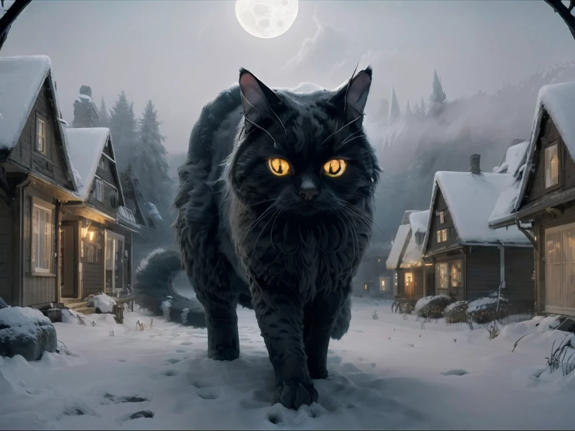 Yulcat 2023 , (((1 giant cat ))), moon,  knight , Small village, monster, snowy houses,  glowing eyes, 8k,  super high resolution ,  top quality,  are trendy at art stations, masterpiece, Raw Image,  Other Worlds ,  horror \(theme\),  field destroying the house,  monsters, One cat, fog, snow, Detailed tail