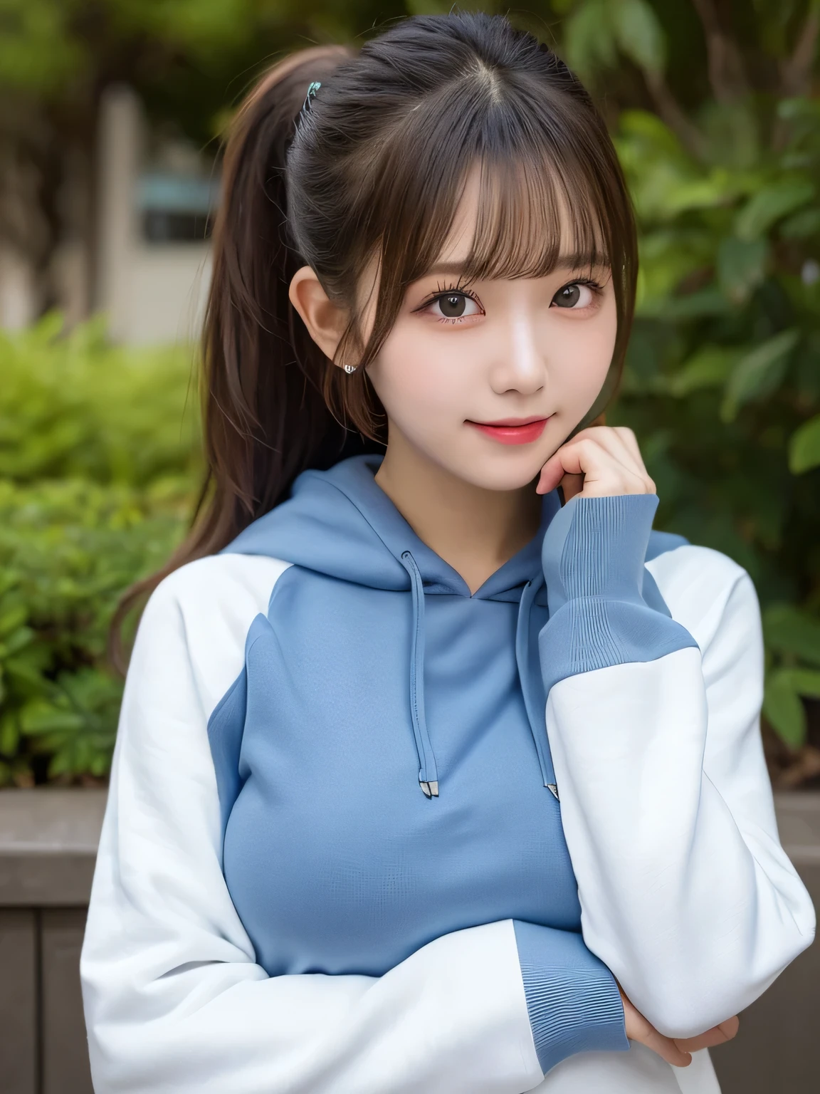 (Highest quality,masterpiece:1.3,Ultra-high resolution),(Very detailed、Caustics) (Realistic:1.4, RAW shooting、)Ultra-Realistic Capture、Very detailed、Natural skin texture、masterpiece、(A Japanese elementary school girl wearing a thick hoodie and seat pants:1.3)、Adorable expression、Expressions of happiness、、height: 140cm、Baby Face、Pure girl、Amazingly cute、Twin tail hairstyle、Curly Hair、ribbon、Black Hair、Large Breasts、Shining thighs、Shining ass、necklace、Sidewalk in a residential area、Background details、smile、An inviting gaze、(Anatomically correct)、Cowboy Shot、Attention to detail、