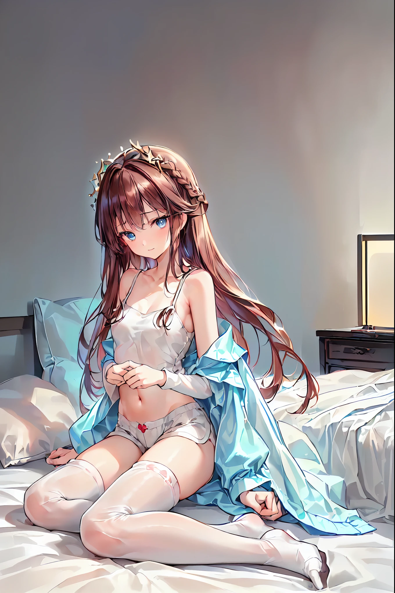     absurd,(masterpiece、  top quality、8k ),       Intricate Details   ,    Crimson Hair Extremely Detailed  、1 cute girl、((movie:1.4)),    Embarrassing    、(    flat chested、bulge:2.2( Brown Hair、(     white camisole ,    White Shorts   、    White Knee High Socks :1.3),    on the bed、  Surrender,   Perfect Anatomy，Brown Hair，    shortcuts ，    tousled hair，   short braided hair，Neat，   Slender and Beautiful，Correct posture，   small breasts，    beautiful legs，   Their Enchanting Grayish Blue Eyes Shone Like Stars  ，Droopy eyes，    bright color,       beautiful eyes   ,A delicate smile,textured skin,   top quality ,     A parody of a gentle and beautiful woman filmed from top to bottom with a sense of serenity ,    anime style   ､