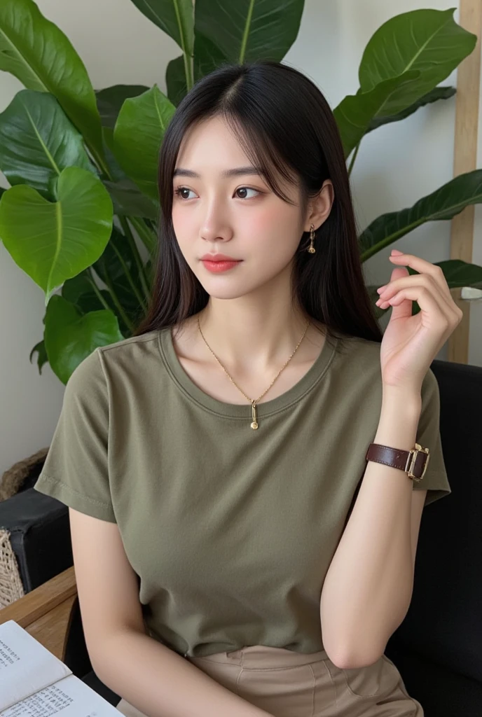 Create a photorealistic image of an Asian girl with striking, long, straight hair, adorned with subtle, natural-looking highlights, sitting comfortably indoors, wearing a casual, olive-green T-shirt with slight wrinkles and folds. Her calm, thoughtful expression, with gentle, soft-focused eyes gazing off to the side, exudes a serene, introspective mood. Accentuating her relaxed yet elegant appearance, she wears a delicate, long, gold necklace and a sleek, leather-strapped wristwatch. Lush, vibrant green plants in the background, with intricate details and soft, diffused lighting, amplify the peaceful atmosphere, while her gentle, relaxed posture showcases her medium-sized breasts.