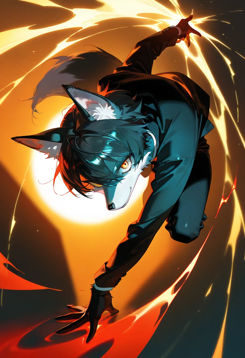 masterpiece), best quality, newest, highres, absurdres, ultra detail, extremely detailed, official art, rich colors, sharp contrast, detailed shading,1 fox tomgirl, tomboy,fox furry, furry,, perfect anatomy, good hands, solo,,black hair expressive pose, simple background, full body , closeup, dynamic view, dynamic action,from behind