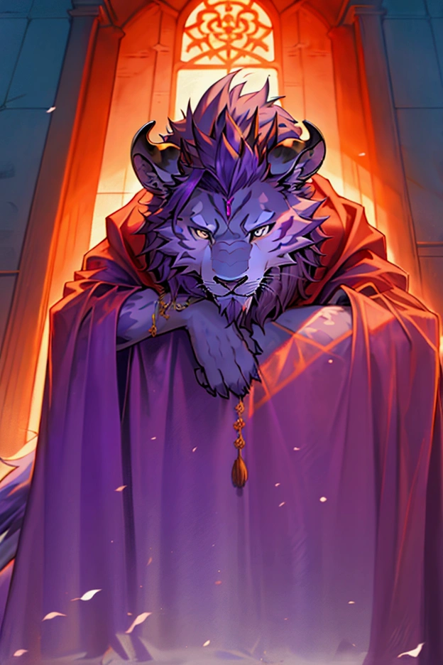  head of a lion holding a purple hyena　 Dragon Horn　 left arm of a wolf 　Right arm of a bear 　 lower body of a cow or horse 　Tiger&#39;s Tail　crown　 red cloak　Red King's Clothes