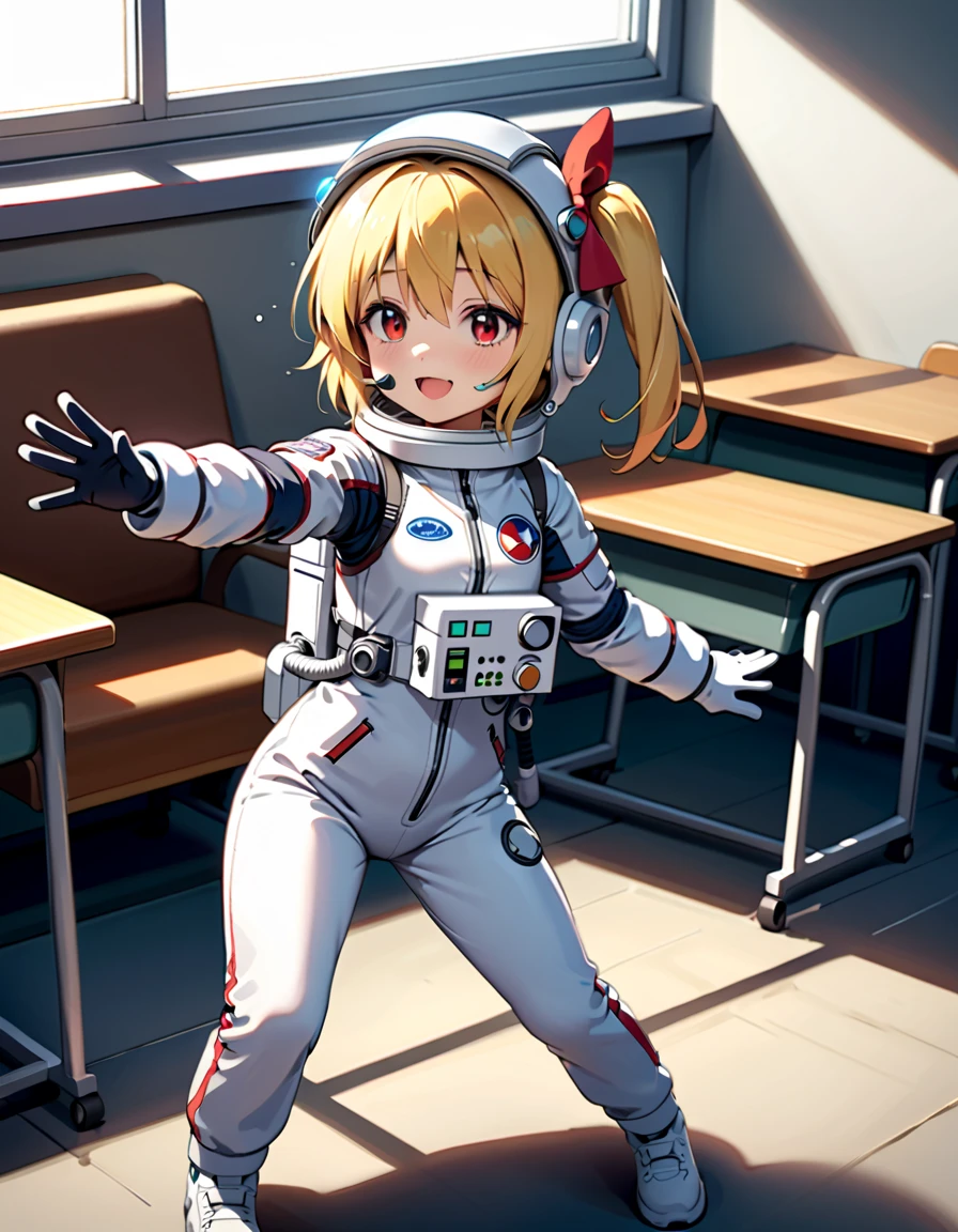 (Space suit:1.15), White sweatpants , astronaut)bubble helmet, space helmet, Gloves ,looking closely at you , classroom, sunlight from the windows, standing, masterpiece, top quality, 1girl, beautiful,solo ,flanN, flandre scarlet, loli, petite, slim, child,young,younger female, (blonde hair:1.2), side ponytail, red eyes, hair bow, red bow, hair between eyes, slit pupils, white headwear,difficulty breathing, Smile, wave, fullbody