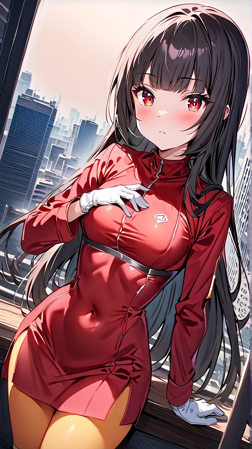 ( top quality, 4K, masterpiece :1.3),  beautiful women,  1 girl, (Chest, Attractive body :1.2),  super detailed face,  beautiful eyes, score_9, score_8_up, score_7_up,  source_Anime,
 Pokemon Sabrina ,  Pokemon Sabrina ,  black hair,  long hair, bangs, blunt bangs,  red eyes, hime cut,  side lock, white pupils,
 jacket,  crop top,  bodysuit ,  covered navel , midriff, red  jacket,  turtleneck ,  side slits,  gloves, white  gloves,  Long Sleeve ,  Pantyhose,  skirt, red  skirt,  boots, red  boots, socks, yellow socks, knee socks,
 outdoor, cityscape,
 watching viewers,  Cowboy Shot ,  Dutch Angle ,