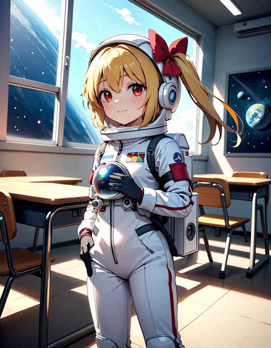 (Space suit:1.15), White sweatpants , astronaut)bubble helmet, space helmet, Gloves ,looking closely at you , classroom, sunlight from the windows, standing, masterpiece, top quality, 1girl, beautiful,solo ,flanN, flandre scarlet, loli, petite, slim, child,young,younger female, (blonde hair:1.2), side ponytail, red eyes, hair bow, red bow, hair between eyes, slit pupils, white headwear,difficulty breathing, Smile, wave, fullbody