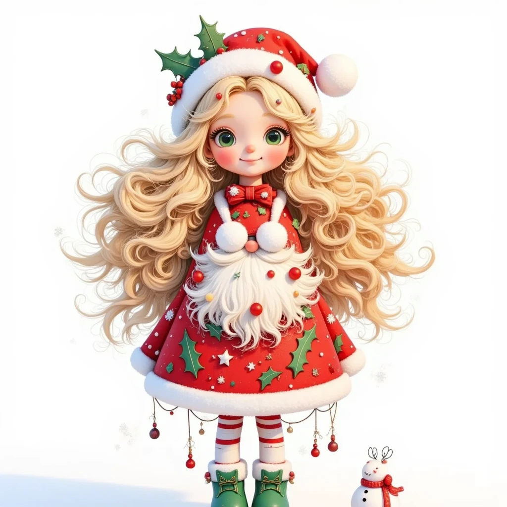  model figure。3D dolls。3D Rendering。A cartoon cute girl 。 big green eyes 。 has very long long blond hair。With a Christmas hat。Wear a dress with Christmas elements。green booties。whole body。Exaggerated body proportions。