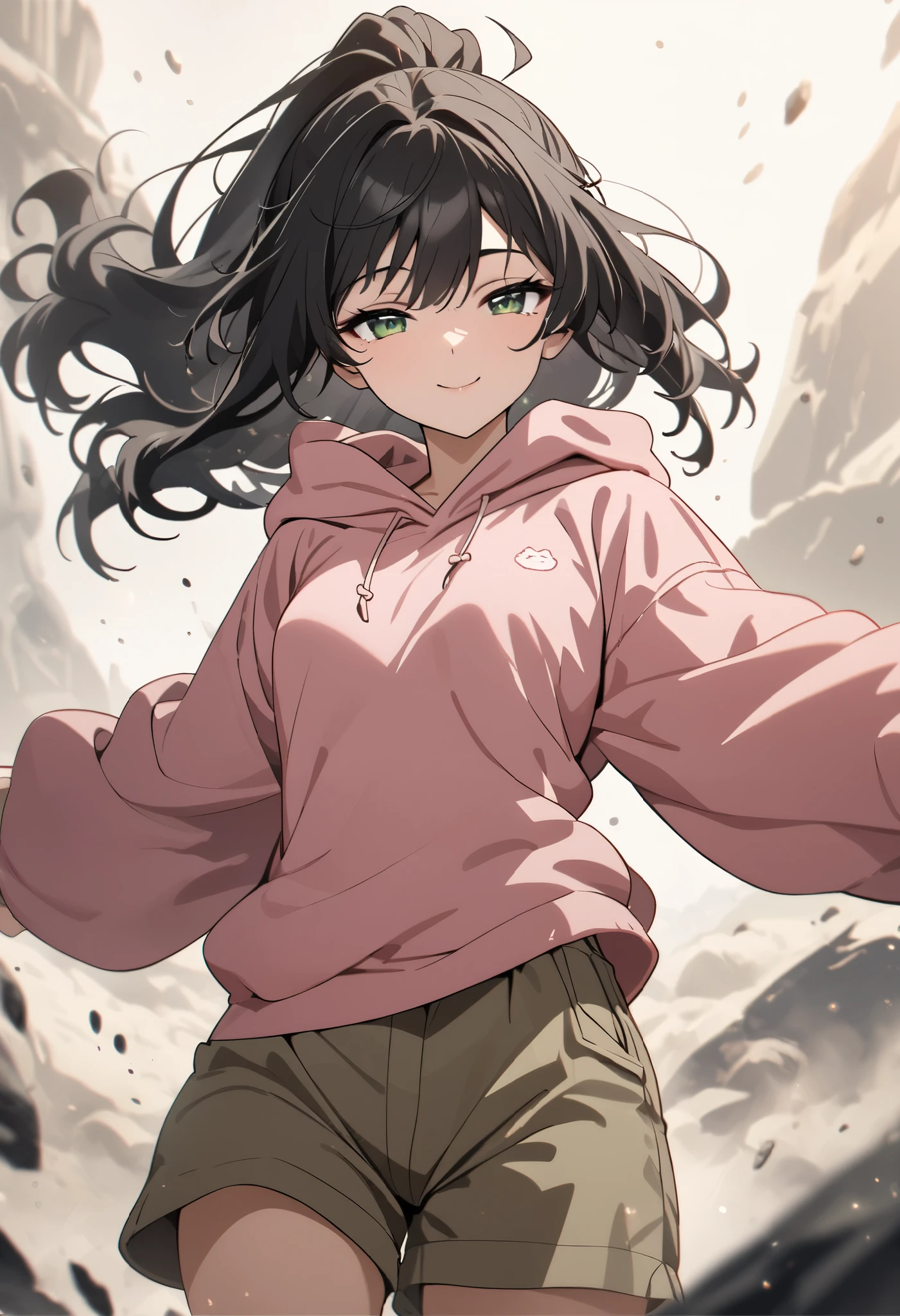 (high-quality, breathtaking),(expressive eyes, perfect face) 1girl, female, solo, mature, half open eyes, Alicization, Symmetrical Eyes, happy smile, ponytail hairstyle, SAO inspired, maomao, cowboy shot, medium full shot, medium-short black hair, bangs, alluring green eyes, small breasts, (Oversized pink hoodie), black white and gray palette, gray clothes, hair between eyes, fluffy wavy hair, half open eyes, small Ahoge, black hair color, khaki cargo shorts, looking towards viewer, HD, High quality image, dusty particles floating around,