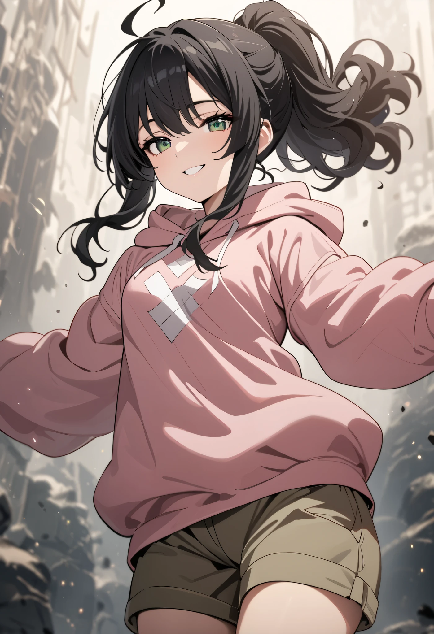 (high-quality, breathtaking),(expressive eyes, perfect face) 1girl, female, solo, mature, half open eyes, Alicization, Symmetrical Eyes, happy smile, ponytail hairstyle, SAO inspired, maomao, cowboy shot, medium full shot, medium-short black hair, bangs, alluring green eyes, small breasts, (Oversized pink hoodie), black white and gray palette, gray clothes, hair between eyes, fluffy wavy hair, half open eyes, small Ahoge, black hair color, khaki cargo shorts, looking towards viewer, HD, High quality image, dusty particles floating around,