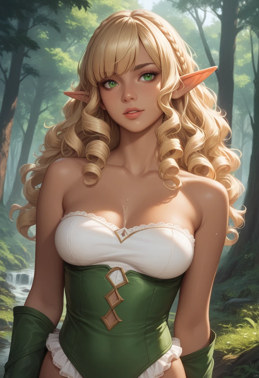She has perfect big breasts ((beautiful adult elf with tanned skin 28 years old)), (long and shiny white hair, hair with symmetrical bangs), double eyelids, greenish eyes, clear and detailed, hyper detailed, light effect on her eyes , detailed irises, sensual body, ((red strappy dress, bare shoulders, choker, collarbone, embroidery on dress, off the shoulder, bracelet, delicate sexy bold, gold details on dress)), neckline, ((masterpiece, hyper realistic, hyper detailed, best quality, 16k, light and shadow on skin, vivid colors), eyeliner, thin eyebrows, sensual expression, perfect lips, sexy face, ((skin with light and shadow), beautifully seductive and embarrassed woman, passionate expression, smile ((she is a beautiful Elf)), looking at the viewer, beautiful, charming, defined abdomen, dirt road, apple trees around, she is in a sensual pose half to the side, exuding passion