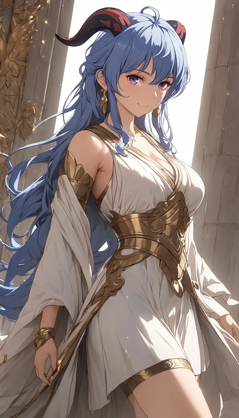 a woman in an ancient greek tunic with sandals, detailed face and eyes, long hair, elegant pose, natural lighting, classical sculpture, cinematic, 8k, hyper detailed, intricate folds in fabric, ornate sandals, detailed skin textures, warm color tones, dramatic lighting, highly detailed, masterpiece ,dynamic pose, big breasts, muted colors, thigh straps, skin pores, score_9, score_8_up, score_7_up, (sfw), (cowboy shot, dutch angle:1.2), 1girl, solo, mature female, thigh strap,1girl, solo, mature female, smiling, closed mouth ,1girl, solo, mature female, ganyu, blue hair, goat horns, horns, long hair, purple eyes, sidelocks, shiney skin, adult female , mature female, whole body, cleavage, (negative_v2 Color_Balance_Calibration:0.8), negativeXL_D, aidxlv05_neg, Stable_Yogis_Animetoon_Negatives
