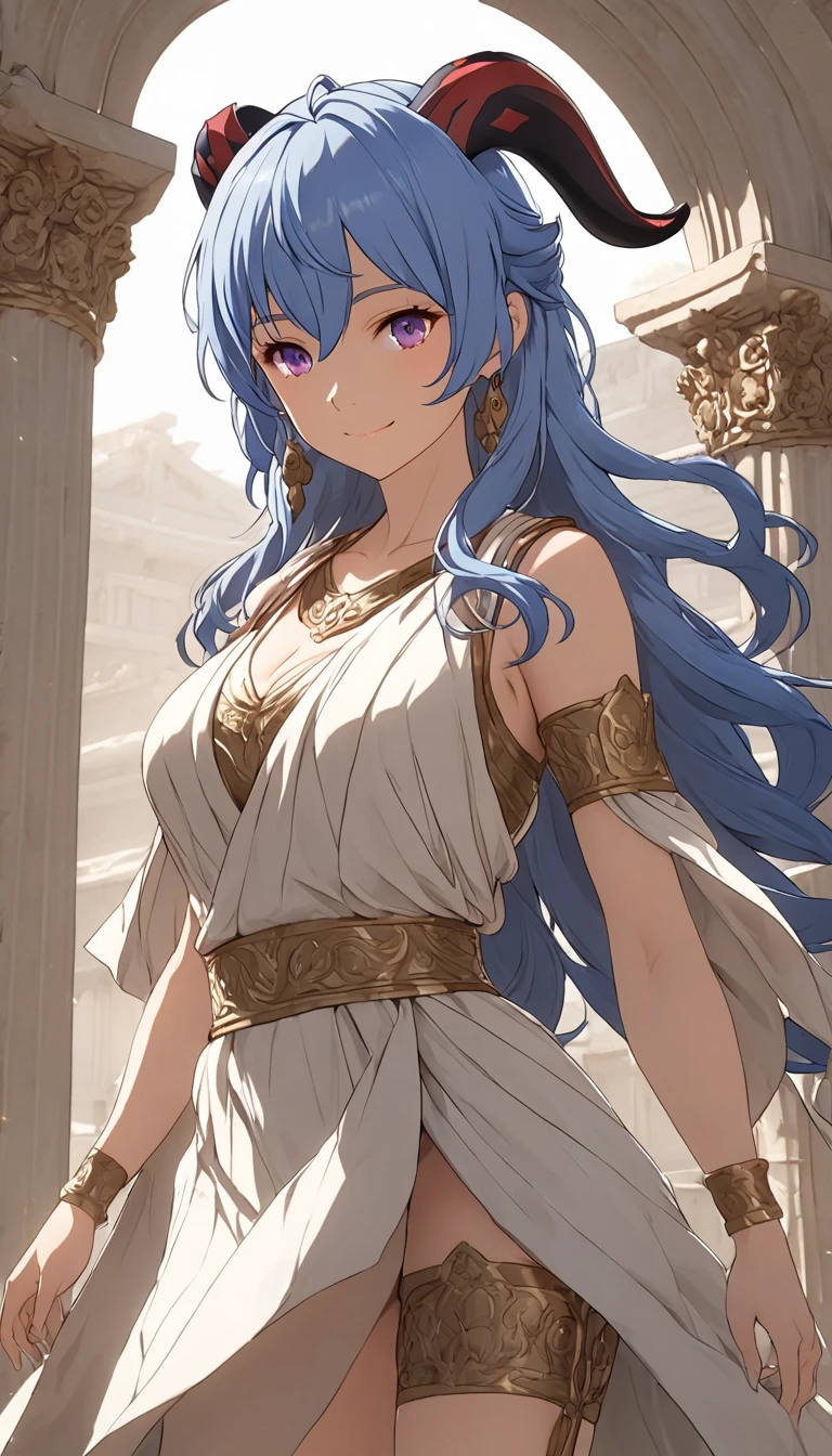 a woman in an ancient greek tunic with sandals, detailed face and eyes, long hair, elegant pose, natural lighting, classical sculpture, cinematic, 8k, hyper detailed, intricate folds in fabric, ornate sandals, detailed skin textures, warm color tones, dramatic lighting, highly detailed, masterpiece ,dynamic pose, big breasts, muted colors, thigh straps, skin pores, score_9, score_8_up, score_7_up, (sfw), (cowboy shot, dutch angle:1.2), 1girl, solo, mature female, thigh strap,1girl, solo, mature female, smiling, closed mouth ,1girl, solo, mature female, ganyu, blue hair, goat horns, horns, long hair, purple eyes, sidelocks, shiney skin, adult female , mature female, whole body, cleavage, (negative_v2 Color_Balance_Calibration:0.8), negativeXL_D, aidxlv05_neg, Stable_Yogis_Animetoon_Negatives
