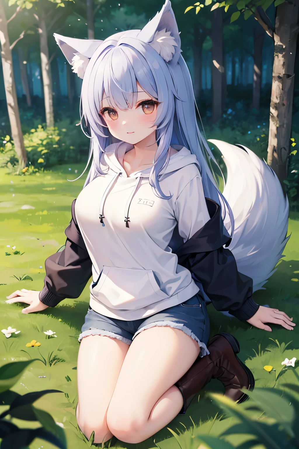 (( top quality))、(( high image quality))、( Details)、 1 girl 、light blue-purple hair 、Wolf ears and tail、Brown Eyes、 long hair、 in the woods、 dark blue long hoodie、 Shorts 、 long boots、Big Breasts、