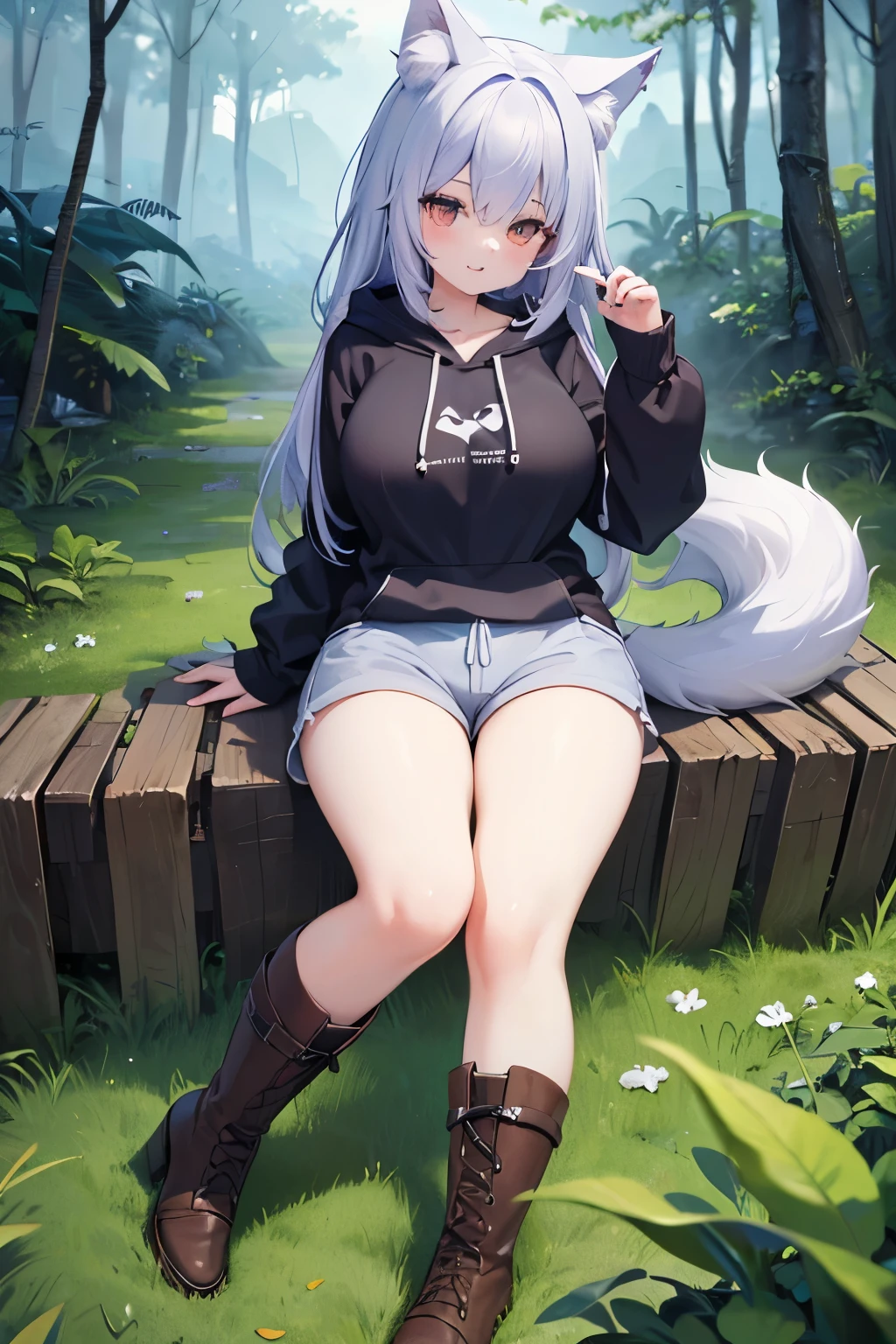 (( top quality))、(( high image quality))、( Details)、 1 girl 、light blue-purple hair 、Wolf ears and tail、Brown Eyes、 long hair、 in the woods、 dark blue long hoodie、 Shorts 、 long boots、Big Breasts、