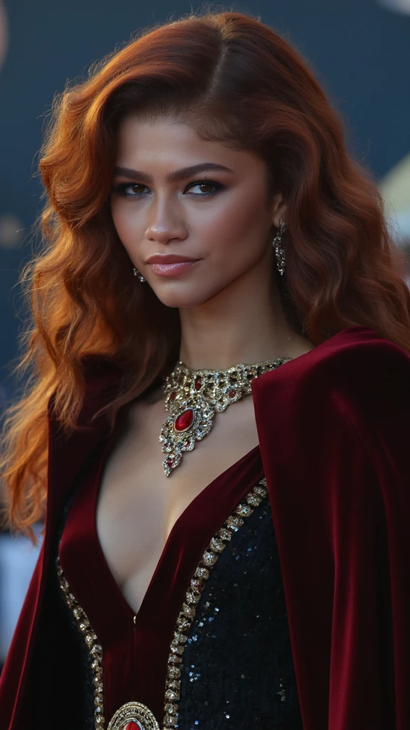 High res waist up portrait photo of a woman directly facing the camera with her hair in a high ponytail . She is not looking at the camera with a slight seductive look. 