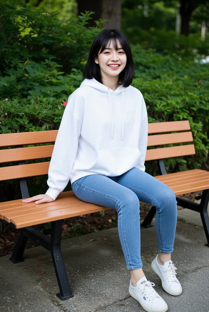 A neat and beautiful woman sitting on a park bench、black hair、hoodie、skinny denim、sneakers、refreshing smile、smiling showing teeth、full body photo、