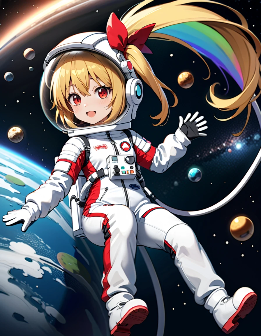 (Space suit:1.15), White sweatpants , astronaut)bubble helmet, space helmet, Gloves ,looking closely at you , Outer Space, floating, masterpiece, top quality, 1girl, beautiful,solo ,flanN, flandre scarlet, li, petite, slim, child,young,younger female, (blonde hair:1.2), side ponytail, red eyes, hair bow, red bow, hair between eyes, slit pupils, white headwear,difficulty breathing, Smile, wave, fullbody