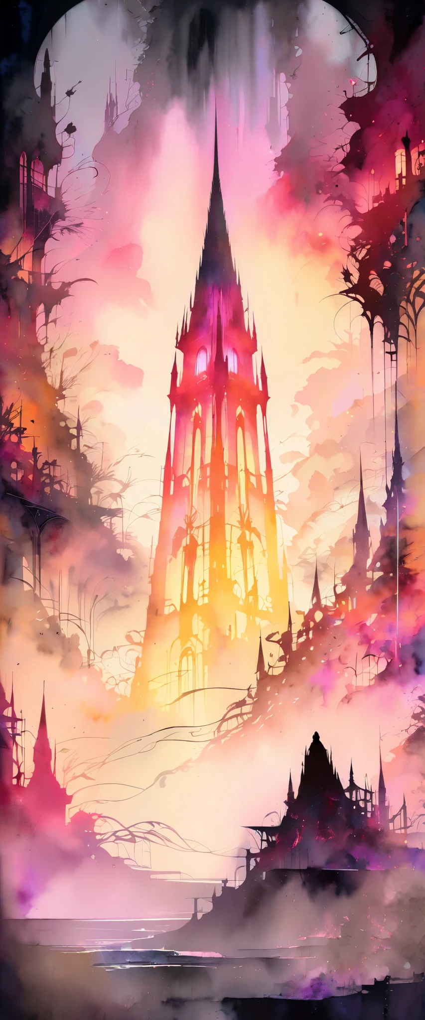 a dark tower, towering high, neon silhouette, watercolor arrangement, stunning lighting, dramatic atmosphere, vibrant colors, digital art, intricate details, elegant architectural design, moody and mysterious, imposing and foreboding, intricate patterns, glowing lights, eerie ambiance, cinematic composition, striking contrast, ethereal and otherworldly, complex and layered, visually stunning, masterful execution