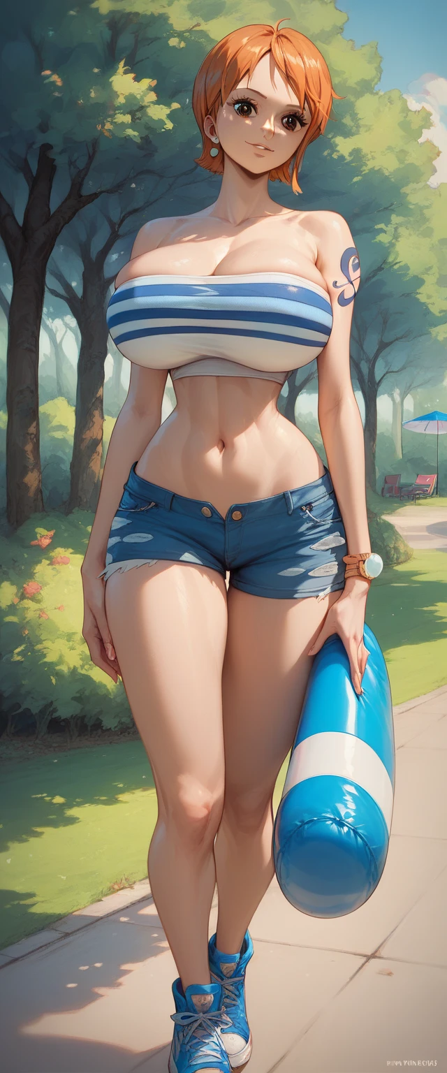 Nami one piece,light brown short hair, detail brown eyes, innocent face, round eyes, huge breast, thick thigh, hourglass figure, erotic tube top, erotic ultra mini denim hotpants,  sneakers, stocking, stylish, park, clear view,navel