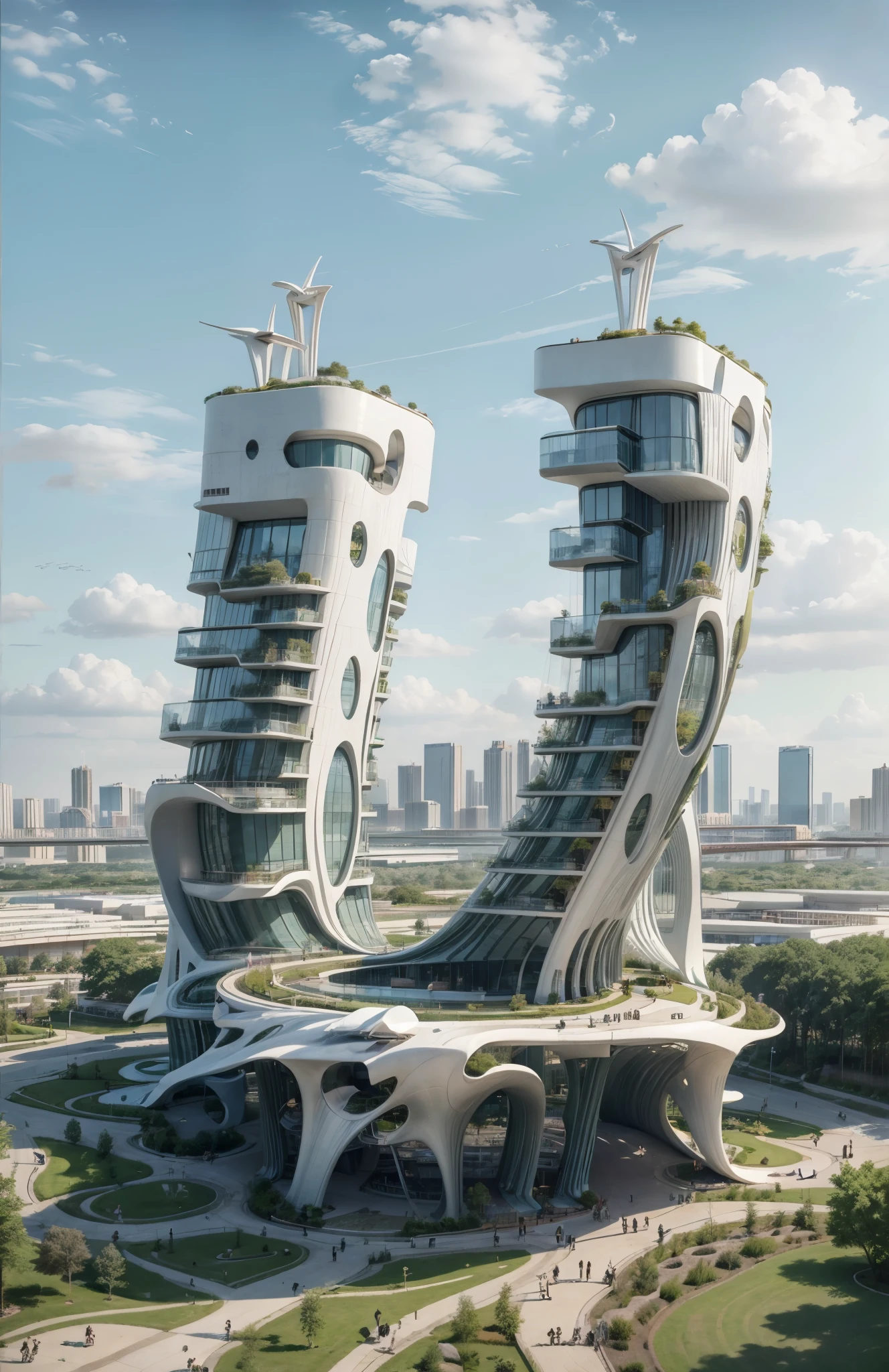  blue sky, Amazing Building by zaha hadid, tower high in blue sky, by syd mead, there is  park on the ground ,trees.  people walking, lawn, clear blue sky, realistic