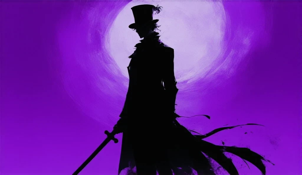  an anime-style scene with a top hat and a man in a top hat holding a sword, dark atmosphere illustration , Background Artwork,  purple space in the background , A quiet night. Digital Illustration,  dark night environment ,  conceptual art  stunning atmosphere, Background Art, Game Art,  conceptual art  for a video game, dark high-contrast  conceptual art ,   Dramatic Lighting  .  conceptual art 