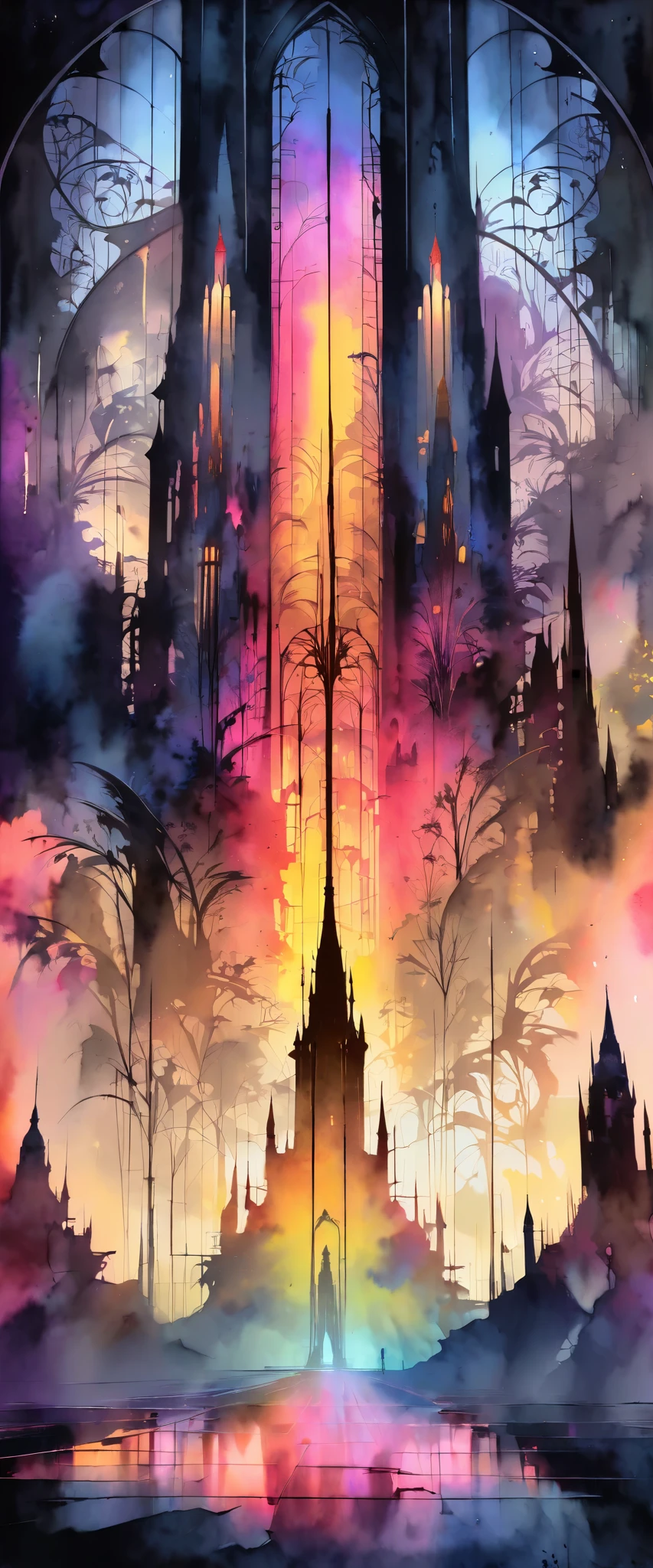 a dark tower, towering high, neon silhouette, watercolor arrangement, stunning lighting, dramatic atmosphere, vibrant colors, digital art, intricate details, elegant architectural design, moody and mysterious, imposing and foreboding, intricate patterns, glowing lights, eerie ambiance, cinematic composition, striking contrast, ethereal and otherworldly, complex and layered, visually stunning, masterful execution