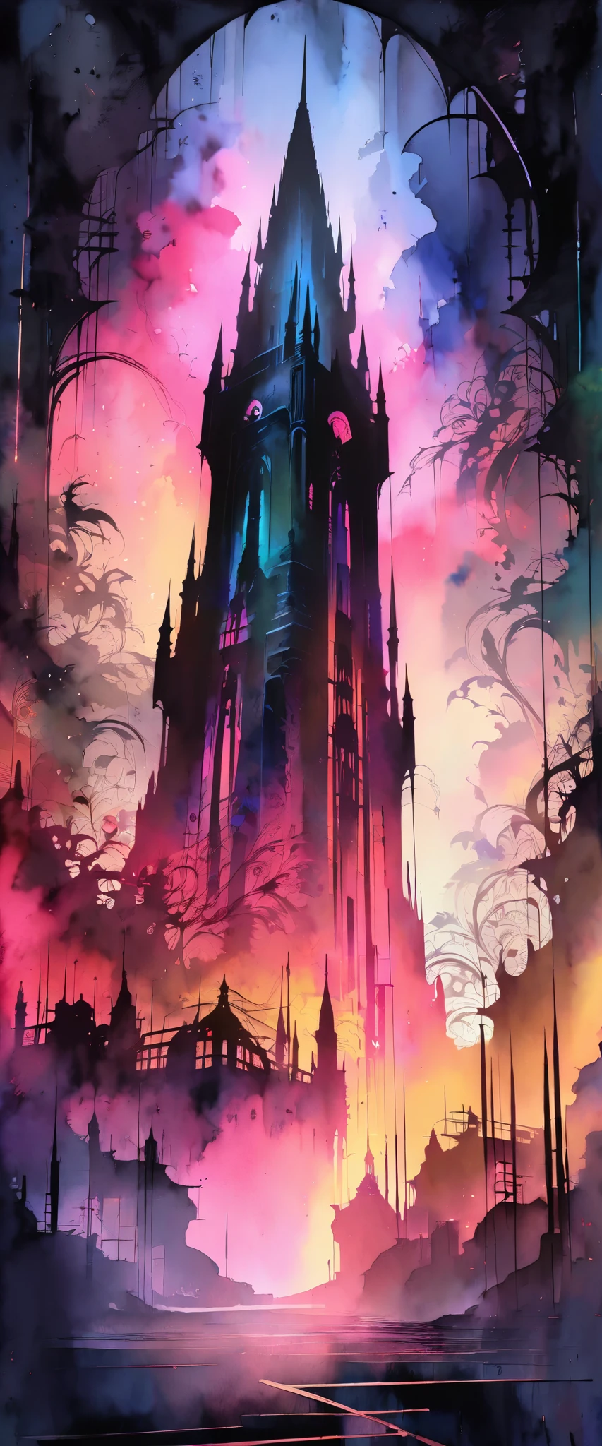 a dark tower, towering high, neon silhouette, watercolor arrangement, stunning lighting, dramatic atmosphere, vibrant colors, digital art, intricate details, elegant architectural design, moody and mysterious, imposing and foreboding, intricate patterns, glowing lights, eerie ambiance, cinematic composition, striking contrast, ethereal and otherworldly, complex and layered, visually stunning, masterful execution