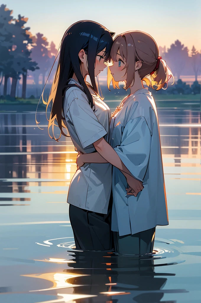(masterpiece,high quality),2 Girls,yori,Anime Girl,Look at each other,Hug each other,Gentle eyeedium chest,Wet shirt,big butt, big breast(Standing in the lake),morning glow:1.2,Side view
