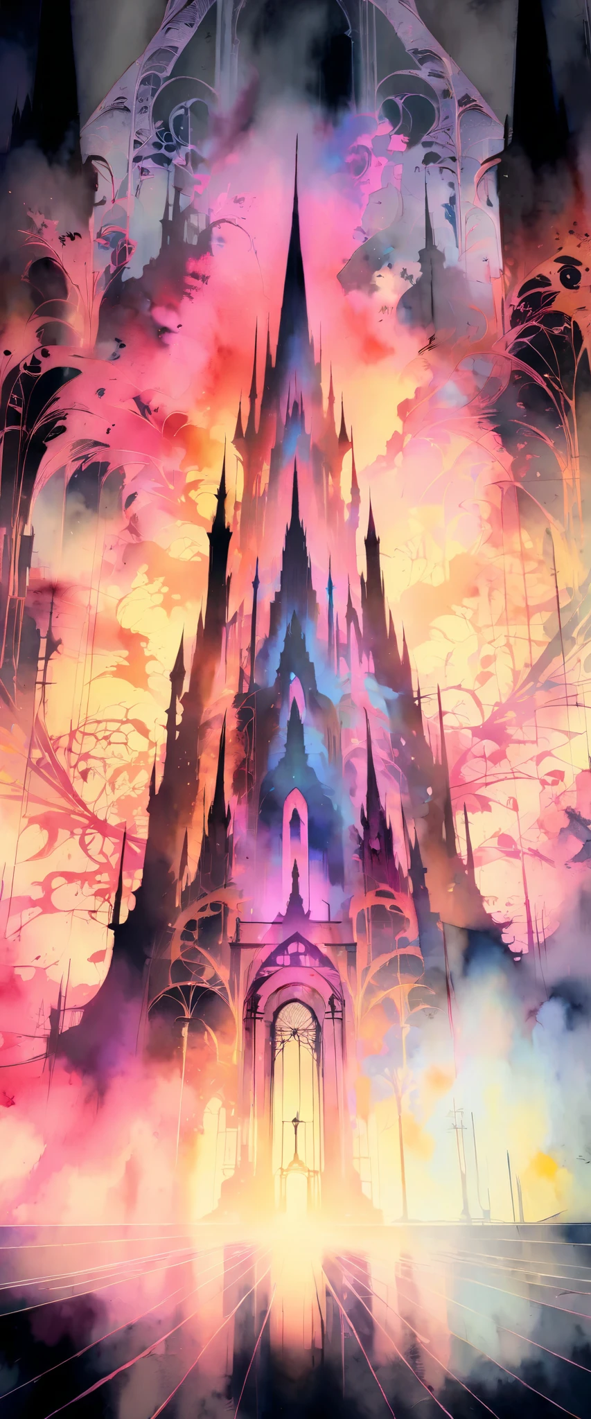 a dark tower, towering high, neon silhouette, watercolor arrangement, stunning lighting, dramatic atmosphere, vibrant colors, digital art, intricate details, elegant architectural design, moody and mysterious, imposing and foreboding, intricate patterns, glowing lights, eerie ambiance, cinematic composition, striking contrast, ethereal and otherworldly, complex and layered, visually stunning, masterful execution