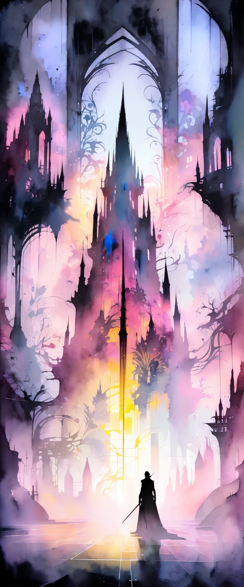 a dark tower, towering high, neon silhouette, watercolor arrangement, stunning lighting, dramatic atmosphere, vibrant colors, digital art, intricate details, elegant architectural design, moody and mysterious, imposing and foreboding, intricate patterns, glowing lights, eerie ambiance, cinematic composition, striking contrast, ethereal and otherworldly, complex and layered, visually stunning, masterful execution