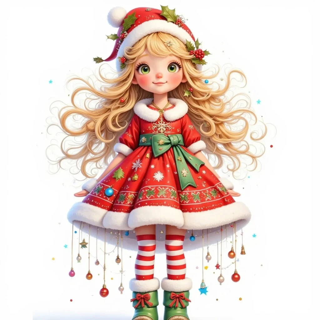  model figure。3D dolls。3D Rendering。A cartoon cute girl 。 big green eyes 。 has very long long blond hair。With a Christmas hat。Wear a dress with Christmas elements。(green booties)。whole body。Exaggerated body proportions。