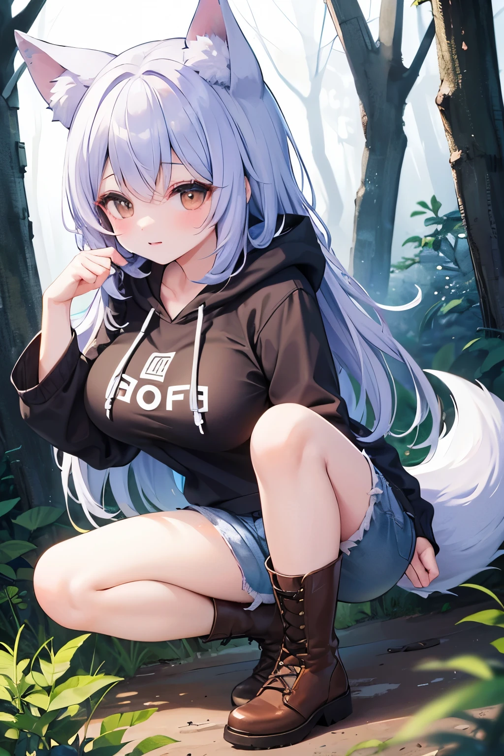 (( top quality))、(( high image quality))、( Details)、 1 girl 、light blue-purple hair 、Wolf ears and tail、Brown Eyes、 long hair、 in the woods、 dark blue long hoodie、 Shorts 、 long boots、Big Breasts、