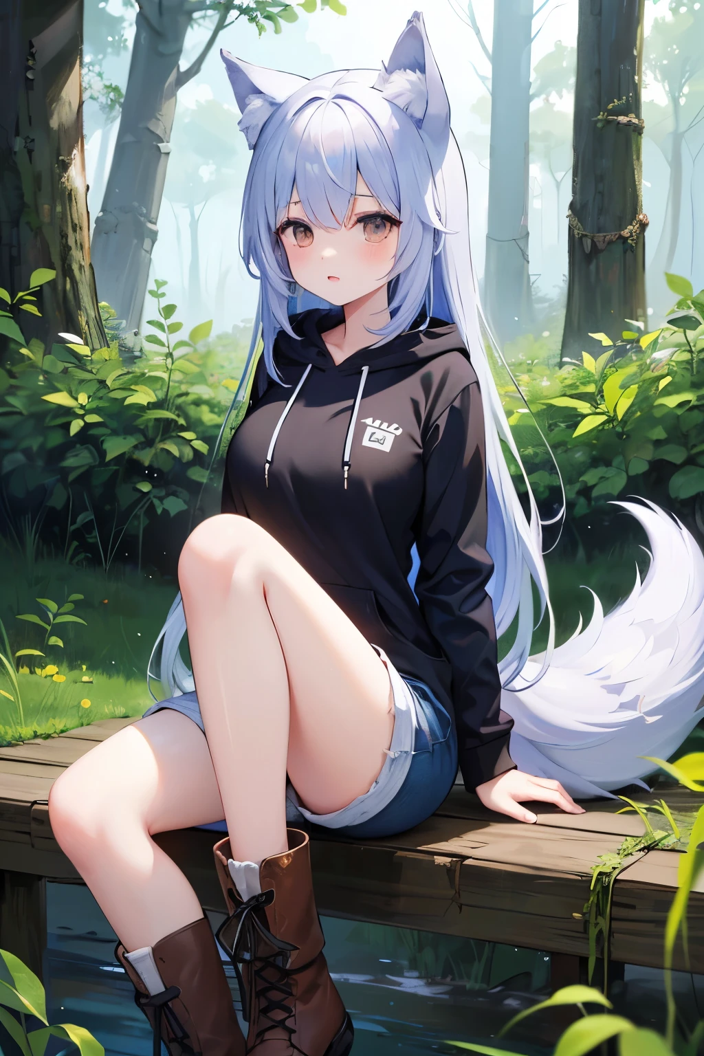 (( top quality))、(( high image quality))、( Details)、 1 girl 、light blue-purple hair 、Wolf ears and tail、Brown Eyes、 long hair、 in the woods、 dark blue long hoodie、 Shorts 、 long boots、Big Breasts、