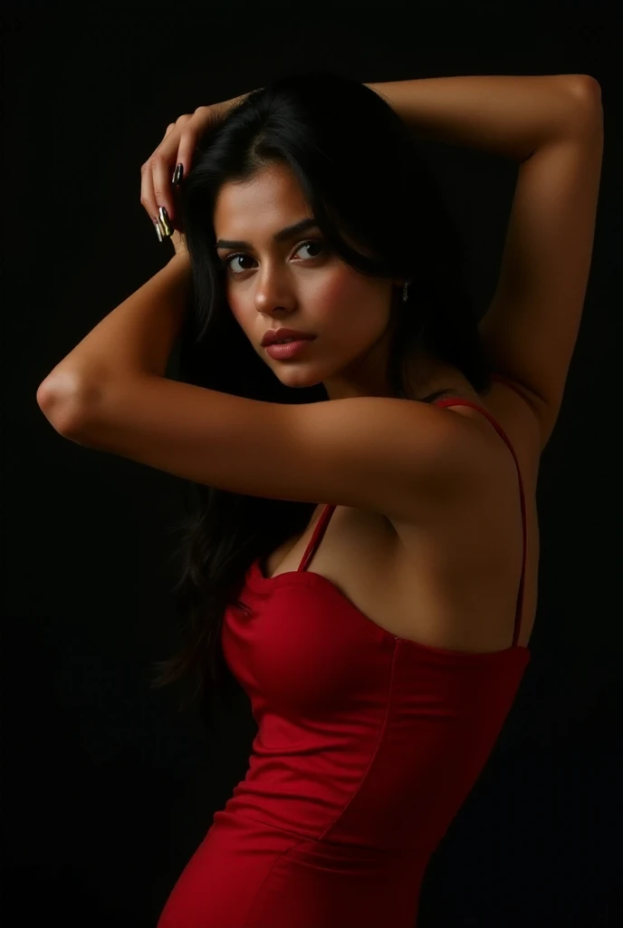 A sultry Latina pose: A young woman's striking features are highlighted as she cradles her head with her left arm, her right arm raised above her shoulders like a triumphant laurel wreath. Her dark tresses cascade down her face in loose waves, illuminated by a warm golden glow that casts dramatic shadows on the inky black background. The scarlet dress drapes over her lithe form, accentuating curves and revealing delicate breasts as she stands poised, a vision of understated elegance.