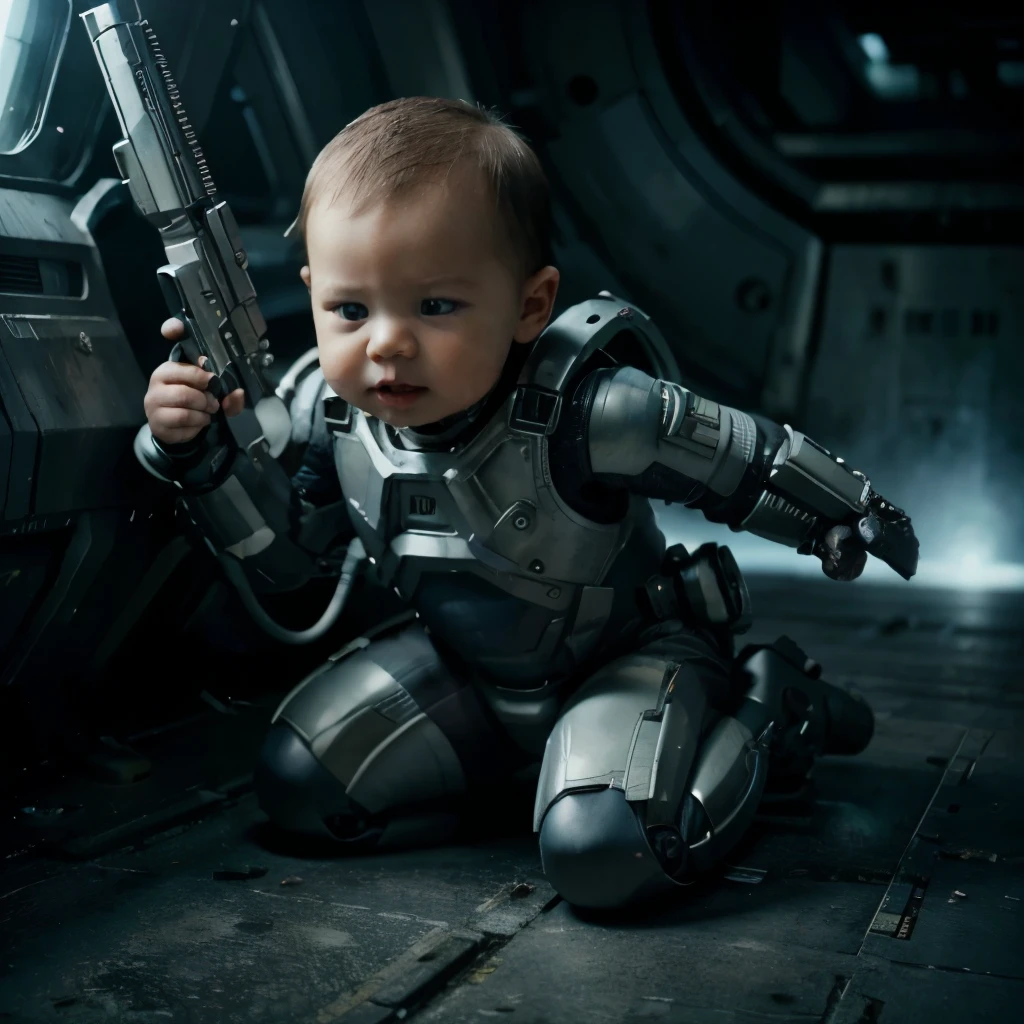 Image a year-old babyboy, detailed, realistic, best quality, technology suit, futuristic gun, full body, dynamic pose, no background