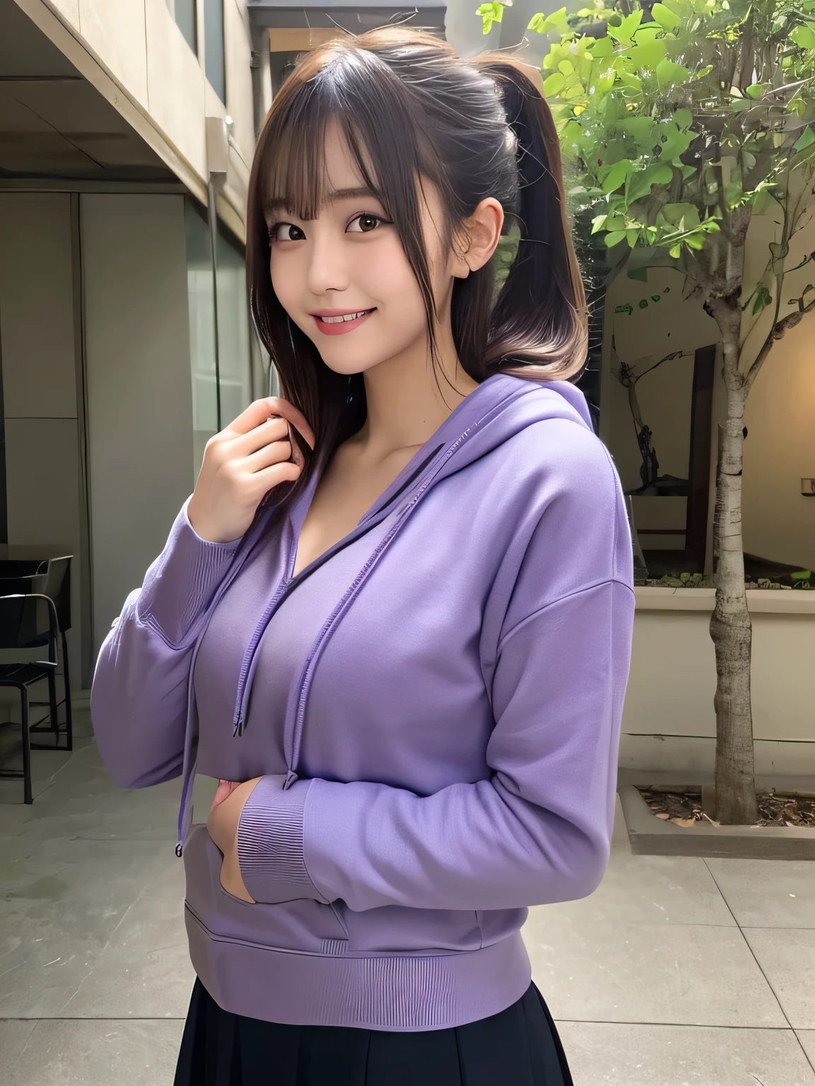 18 years old, Cute type, Young face, Big round eyes, Troubled face, Japanese Girls ,  (smile:1.2),  Gym suit, (Blue long sleeve hoodie), Food , (nude), Thin thighs,Thin waist, Thin thighs, Thin legs, Long legs, Very short hair , Short Bob, slender body, (High color saturation:1.0),  (Very detailedな肌), (highest quality:1.0), (Ultra-high resolution:1.0) ,(Realistic:1.0), (Very detailed:1.0), (8k, RAW Photos:1.1), ((locker room:1.3)),inverted nipples,