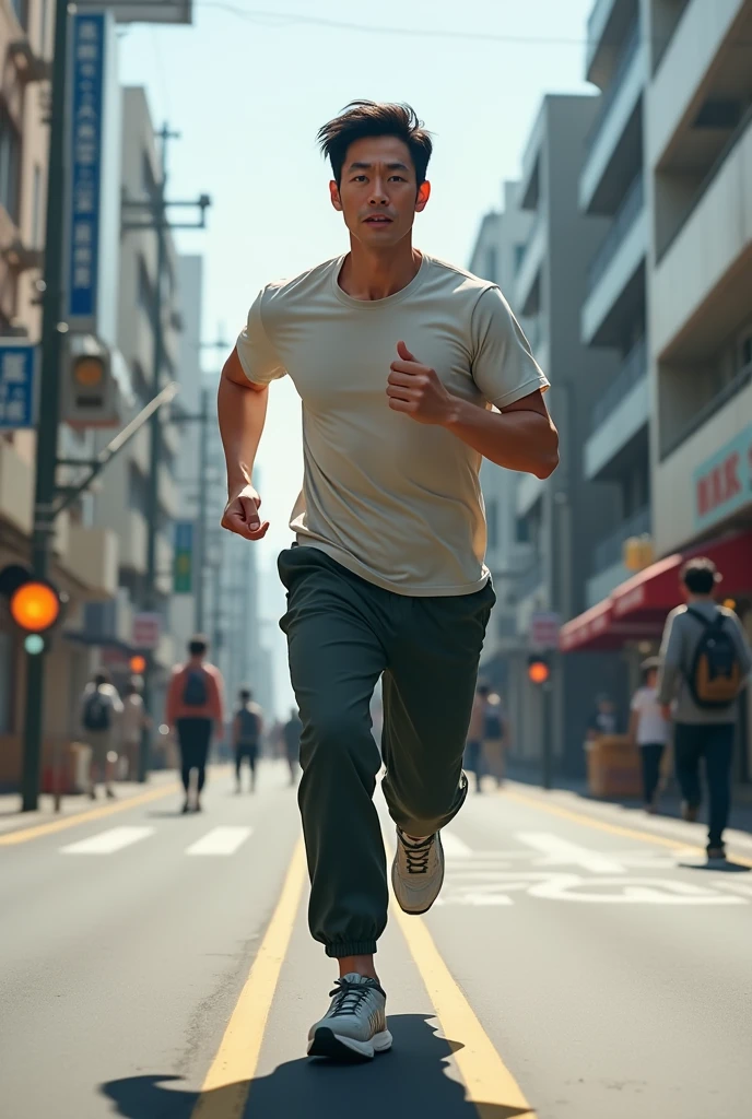 japanese man, running in a highway tunnel, passionate screaming, not wearing a shirt, sweatpants,