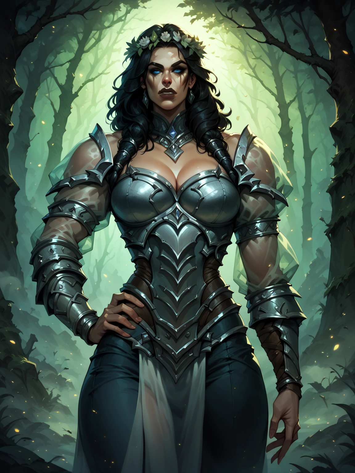 score_8_up, score_7_up, cowboy shot of beautiful orc barbarian, hand on hip, contrapposto, dark hair, ornate plate armor with puffy sleeves, see-through sleeves, head wreath, particles, dark forest, night, fog fantasy, warcraft