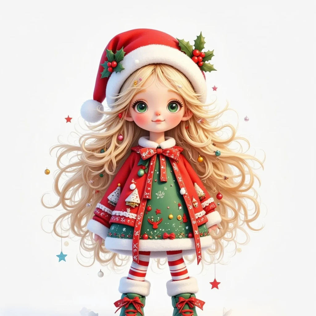  model figure。3D dolls。3D Rendering。A cartoon cute girl 。 big green eyes 。Dark eyeshadow。Freckles。 has very long long blond hair。With a Christmas hat。Wear a dress with Christmas elements。green booties。whole body。Exaggerated body proportions。