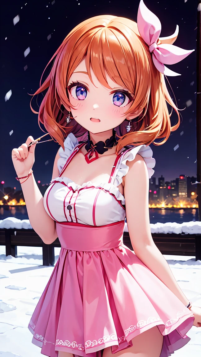  orange hair，One person， pink ribbon，Akari Ozora，((masutepiece)), ((Best Quality)), (Ultra-detailed), anime style ，Idol Academy ，consider，Aikatsu characters， Official Anime Item ， breast size is c cup，With a snowy night in the background，8k，4K，16k， high school idol ，Photo Collection，Face is front，Anime Coloring Book，She is 155 cm tall.， ichigo hoshimiya，Be aware of only the color scheme Giantess ， the best smile I can only show you，A scene from an anime，Natural skin color，Make the outline line natural，Clear Filters ，Clumsy  but hard work ，Workmanship not visible in the illustration，Face only、seed（2350895890）