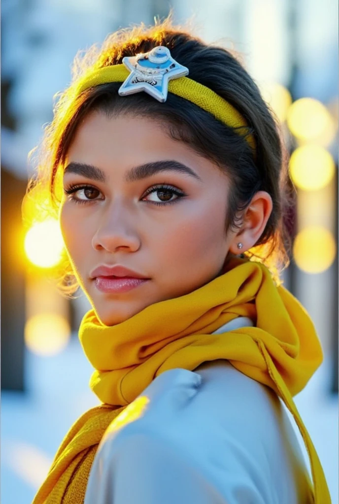 High res waist up portrait photo of a woman directly facing the camera with her hair in a high ponytail . She is not looking at the camera with a slight seductive look. 