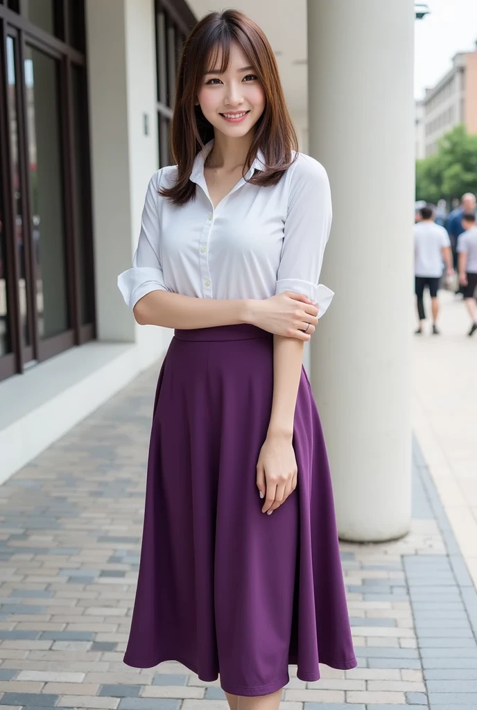  1 beautiful woman,   high heels、Chin-length brown hair 、26 years old、White shirt、 purple long skirt、Height: 155cm、Bust 89cm、Waist 58cm、Hips 88cm  、Shiny whitening 、 announcer、 is wearing high heels、round face、 Big Breasts 