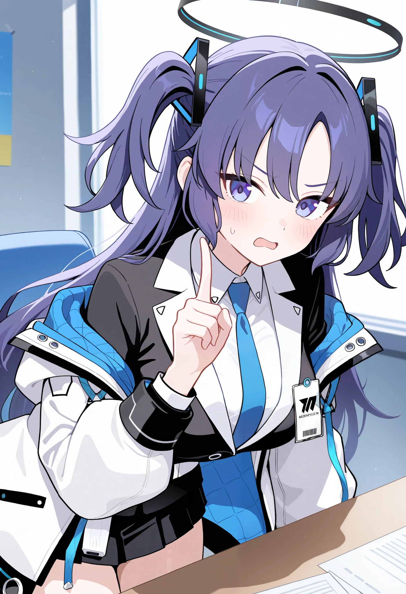 1girl, yuuka\(blue archive\), blue archive. An illustration of a girl with blue hair and blue eyes. She is wearing a white jacket and blazer. She advises viewer who neglect their work. solo, looking at viewer, halo, breasts, jacket, blazer, necktie, index finger raised, annoyed, office, bloom, masterpiece, best quality, very aesthetic, absurdres