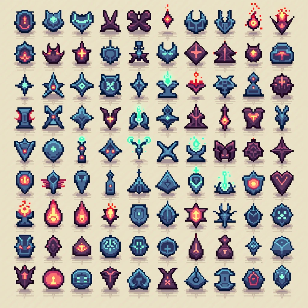 Set of two hundreds, 200+ pixel art runes to represent magical spells in my upcoming computer game. Ensure no two icons look alike.
Each icon must be unique and distinct.
Avoid repetition of designs, even within the same theme.